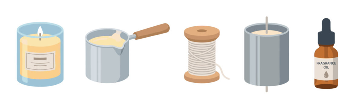 Candle making equipment and ingredients illustration featuring melted wax, a wick spool, fragrance oil, a mold, and a finished lit candle in a glass jar