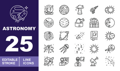 Outer Space & Astronomy Line Icons. Editable stroke vector icons for galaxy exploration. Featuring astronauts, planets, UFOs, telescopes, observatories, satellites, solar eclipses, and constellations © Neko funny