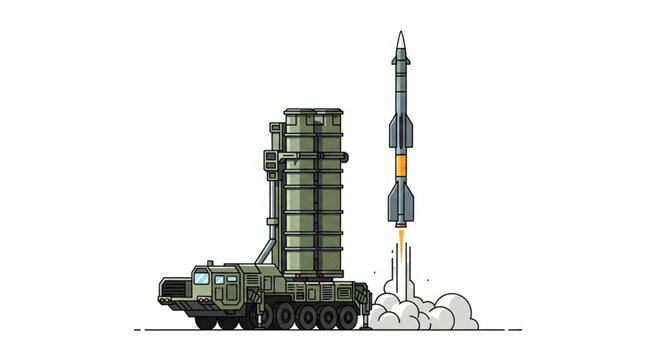 S-400 Triumf missile system launching a missile, pixel art style.
