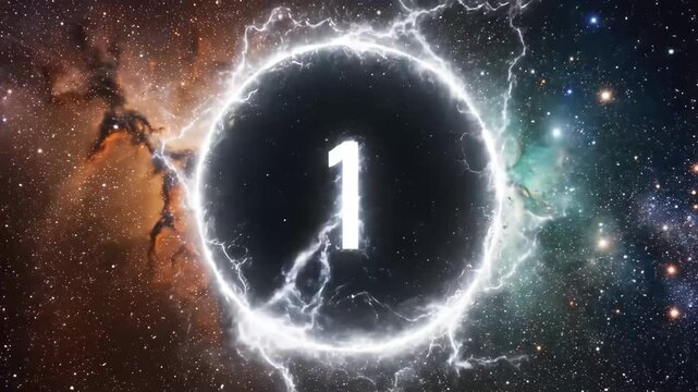 Cinematic 5-to-1 countdown timer with electric lightning energy, outer space background, and epic nebula explosion finale.