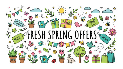 Fototapeta premium Fresh Spring Offers Banner with Cute Doodle Elements