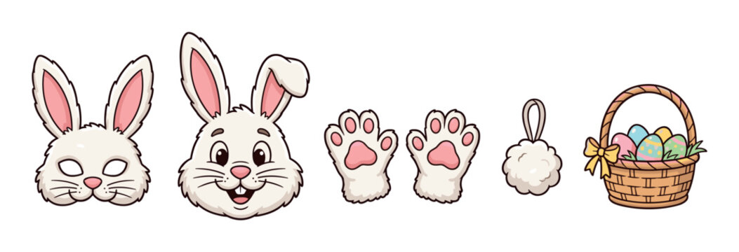 Cartoon Easter bunny costume and celebration set with a cute face mask, paws, tail, happy rabbit head, and a wicker basket full of colorful decorated eggs