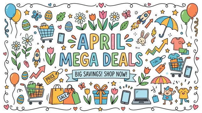 Colorful April Mega Deals Doodle Banner