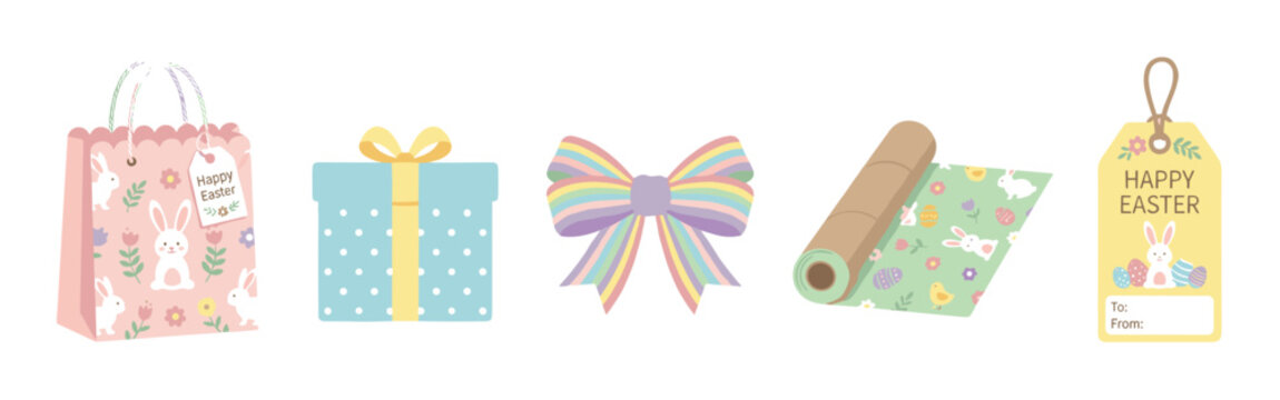 Set of cute Easter gift wrapping supplies including a bag, box, rainbow bow, paper roll, and tag with bunnies and eggs in a flat cartoon style illustration