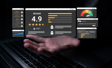 A modern digital interface showcasing user reviews, ratings, and detailed analytics, ideal for illustrating online feedback systems and performance evaluations in technology settings. Ledger