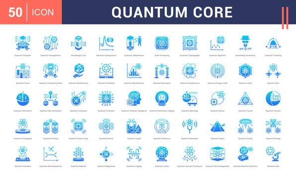 Quantum Core Icon Set. quantum computer, entanglement, schrodingers cat, super position, teleportation and more. Glyph Gradient Style vector icons collection.