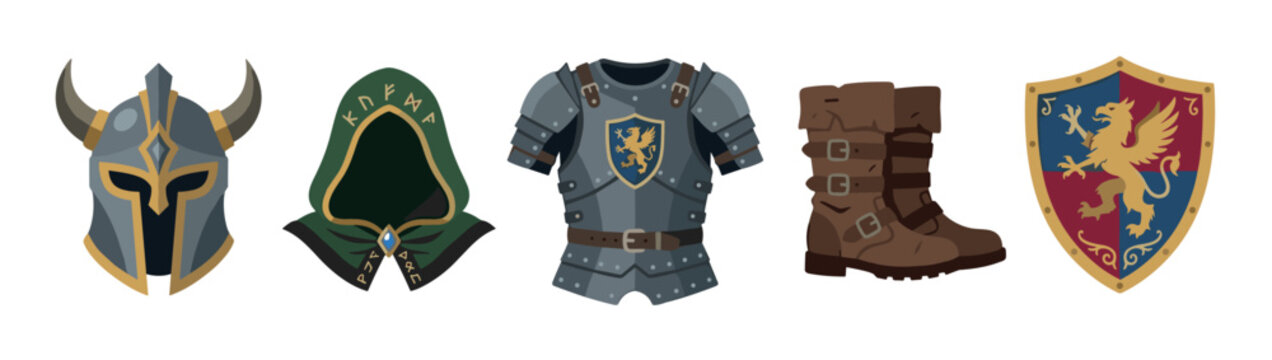 Fantasy medieval warrior armor and clothing set with a horned helmet, runic hood, plate cuirass, leather boots, and a griffin shield in a flat vector illustration style