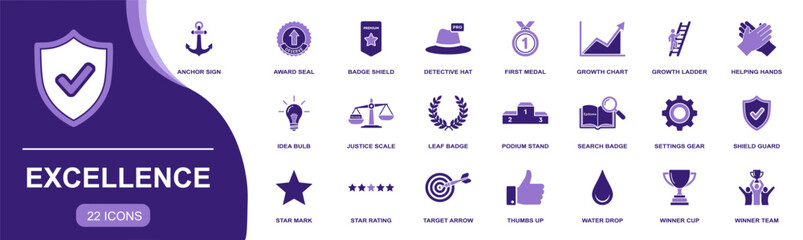 Excellence icon set. Containing award seal, first medal, growth chart, podium stand, shield guard, target arrow, winner cup, winner team and more. Solid fill vector icons collection.