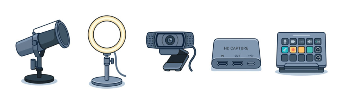 Set of streaming equipment illustrations including a microphone, ring light, webcam, capture card, and stream deck for online content creation in a clean cartoon style