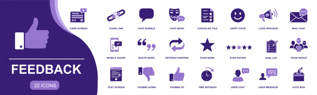 Feedback icon set. Containing chat bubble, checklist file, happy face, loud speaker, mobile share, star rating, task list, thumbs up, thumbs down and more. Solid fill vector icon collection.