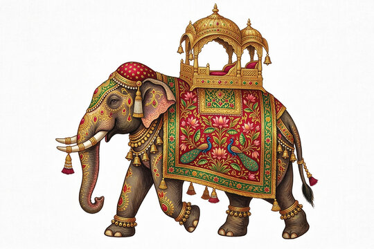Ornate Indian Royal Elephant with Golden Howdah on White Background