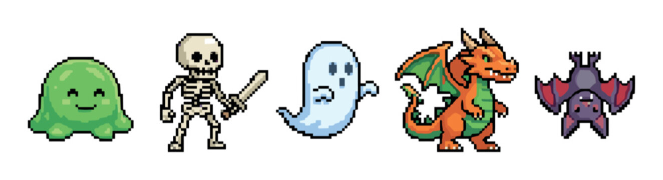 Set of pixel art fantasy monster characters including a slime, skeleton warrior, ghost, dragon, and bat, designed as retro 8-bit video game sprites for a creative project