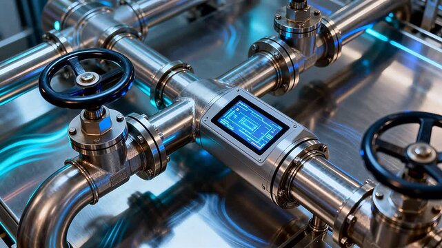 Industrial metal pipe system with valves and digital control panel