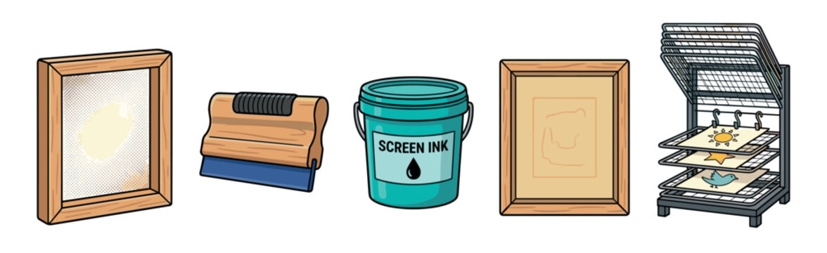 Set of screen printing equipment including a squeegee, ink bucket, mesh frame with a stencil, and a drying rack with prints, shown in a colorful cartoon illustration style