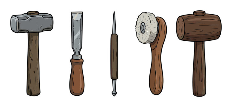 Hand-drawn set of vintage workshop tools featuring a sledgehammer, chisel, awl, buffing brush, and wooden mallet in a classic cartoon illustration style for craftsmanship themes