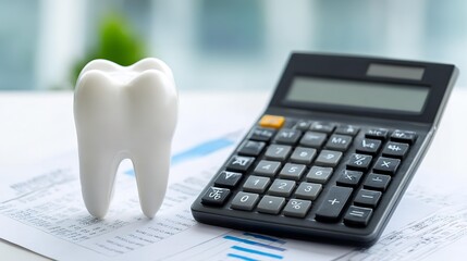 Naklejka premium Dental savings with calculator and stacked coins on beige surface