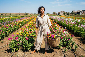 Fototapeta premium South Asian woman florist holding flower basket in a sunny garden