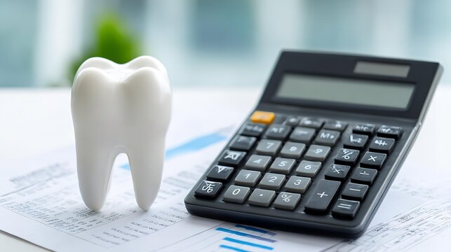 Dental savings with calculator and stacked coins on beige surface