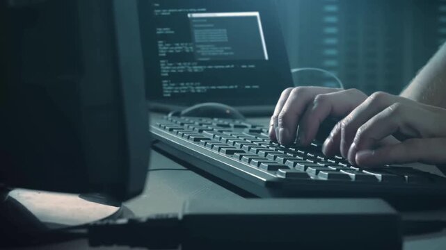 hacker hands coding html and programming on screen Blockchain crypto developer and binary program code concept hands coding and programming on laptop.
