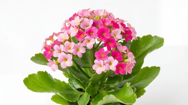 Pink and white hydrangea flowers on a green plant isolated on white background