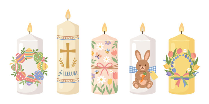Set of five decorative Easter candles with various holiday symbols including a Paschal cross, a cute bunny, colorful eggs, and spring flowers, all burning with a warm flame