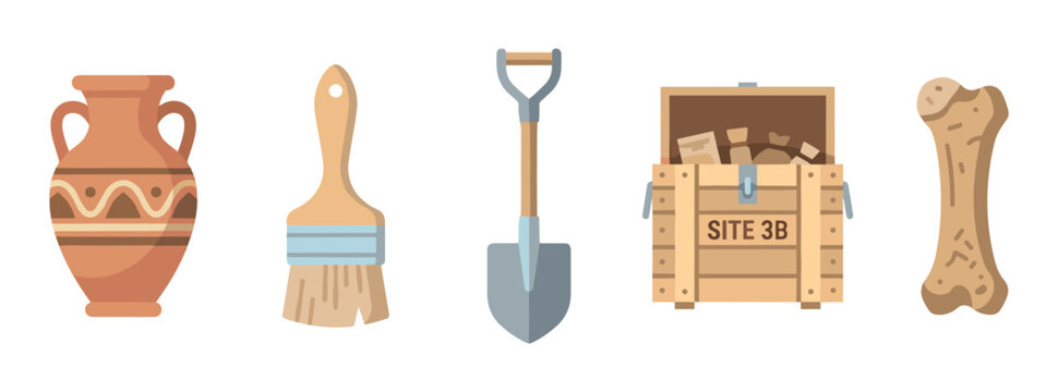 Set of archaeological tools and artifacts including a clay amphora, brush, shovel, wooden crate, and fossilized bone in a flat vector illustration style for excavation concepts