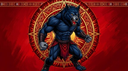 Obraz premium Sri Lankan Mahasona demon digital illustration anthropomorphic wolf devil character on red mandala background