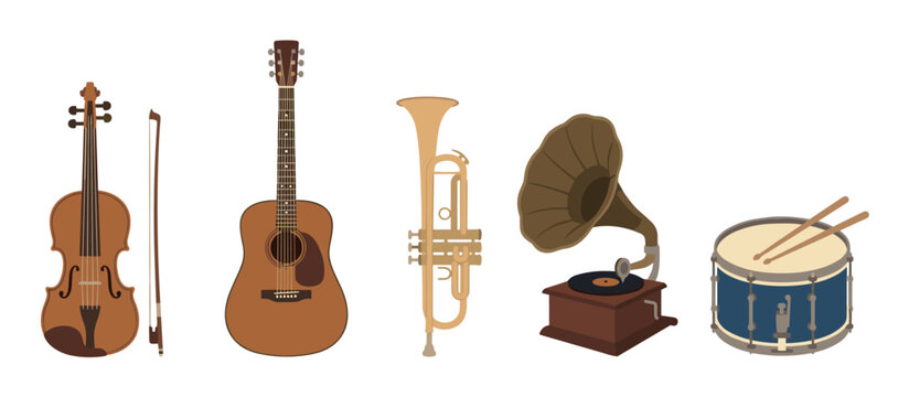 Collection of classic musical instruments featuring a violin, acoustic guitar, trumpet, vintage gramophone, and snare drum in a simple vector illustration