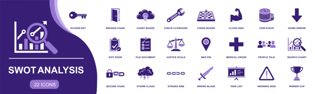 SWOT Analysis icon set. Containing chart board, search chart, task list, winner cup, warning sign, chess board, people talk, secure chain, cloud idea and more. Solid vector icons collection.