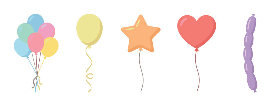 Set of colorful party balloons in a flat vector illustration style, featuring a bunch, single oval, star, heart, and long sausage shapes for festive celebrations