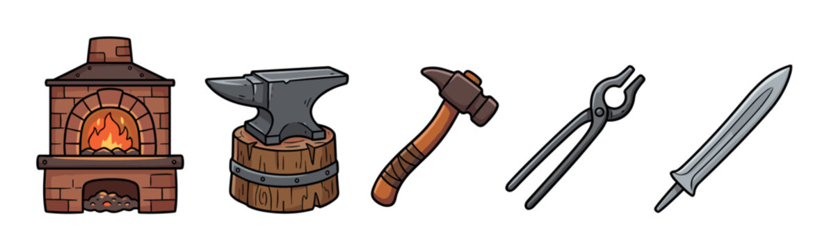 Set of hand-drawn blacksmith tools and equipment, including a brick forge, anvil, hammer, tongs, and a sword, presented in a row as a collection of cartoon vector icons