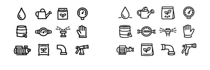 A collection of hand-drawn gardening and irrigation icons in a © PAPA STOCK
