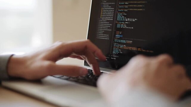 Closeup coding on screen, typing computer code on laptop keyboard, Computer coder typing code on keyboard late night working. IT start up concept,
