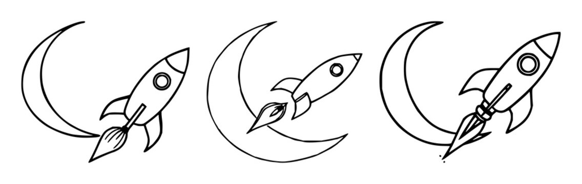 Rocket ship set with doodle style illustration of a rocket flying past a crescent moon featuring space adventure, white background, black line art with minimalist and playful