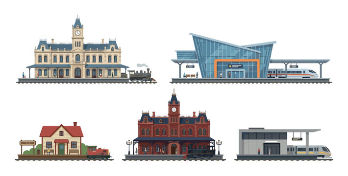 Collection of various train stations showing the evolution of railway architecture from vintage steam locomotives to modern high-speed trains in a flat vector illustration set