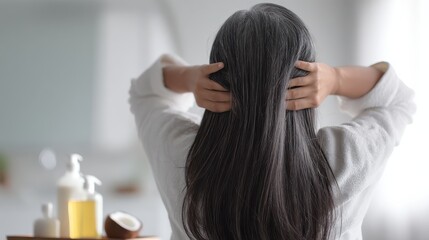 Fototapeta premium A person with long dark hair wearing a white robe is seen from behind, holding their head in a relaxed bathroom setting with soap and lotion bottles.