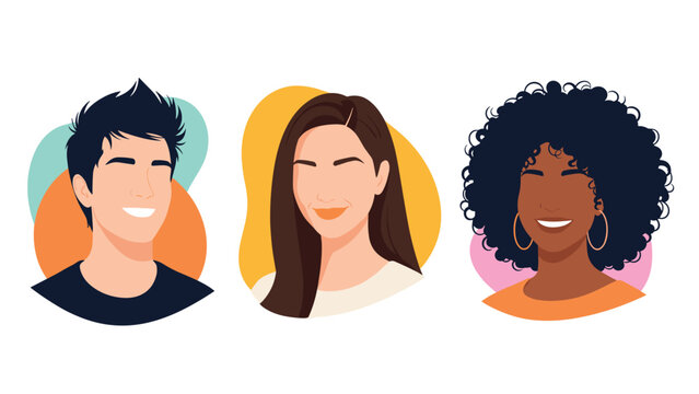 Diverse group of young people avatars representing inclusivity and multicultural representation in a modern flat illustration style for web profiles.