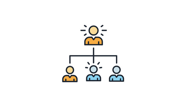 Corporate hierarchy and organizational chart with people icons connected by lines shows management structure, team leadership, and business roles.