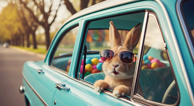 A rabbit wearing sunglasses in a vintage teal car on a sunny day