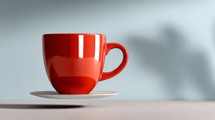 Fototapeta premium Red ceramic coffee cup with saucer floating above a smooth surface against a light blue background, showcasing a modern and minimalistic design aesthetic