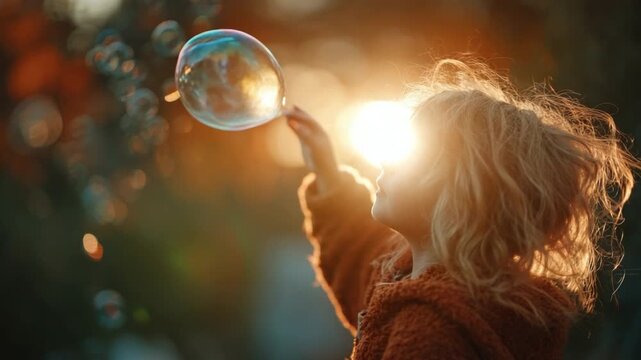 Ephemeral Joy: A radiant child blows a shimmering bubble into the sunlight, capturing a fleeting moment of pure innocence and wonder. 
