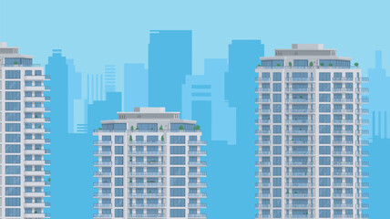 Fototapeta premium A modern cityscape featuring sleek skyscrapers against a clear blue sky with a subtle urban background.
