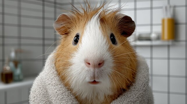 Guinea pig wrapped in a soft towel, displaying a surprised expression, set against a tiled bathroom background with grooming products on a shelf