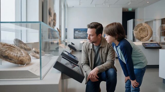 Father and son observing ancient fossils in a museum exhibit, learning about history and science.