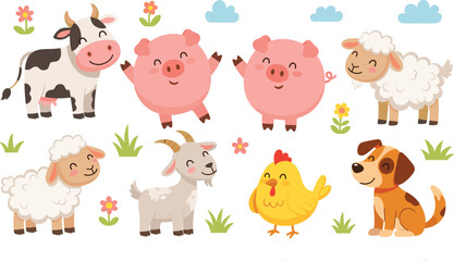 Fototapeta premium Cute Farm Animal Cartoon Set Featuring Cow, Pig, Sheep, Goat, Chicken, and Dog with Flowers and Grass in Adorable Vector Illustration Style