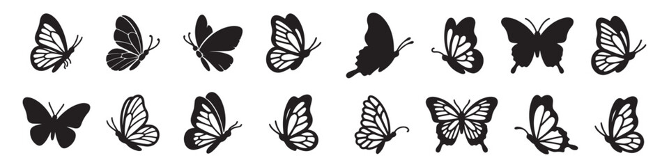 Butterfly silhouettes collection, black insect shapes illustration, elegant wings design, nature wildlife concept, isolated white background vector set © RadheK 