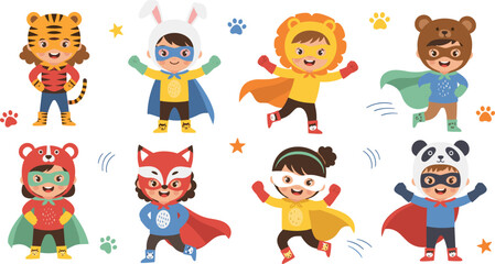 Obraz premium Kids Animal Superhero Cartoon Vector Set with Children Wearing Tiger, Lion, Bear, Panda and Fox Costumes