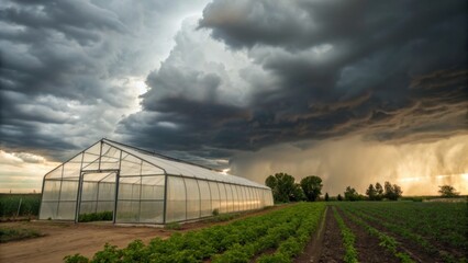 Fototapeta premium A large greenhouse stands beside cultivated fields under a dark, stormy sky with heavy clouds and rain falling in the distance.