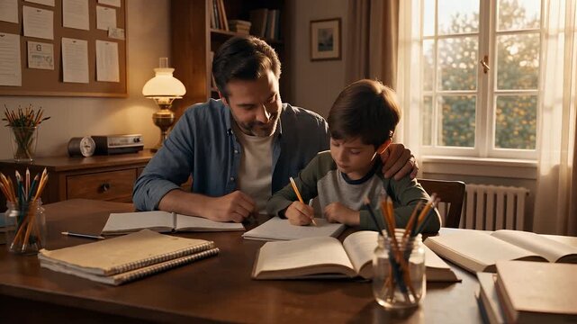 A father and son bonding while studying together at a desk in a warm, sunlit room.