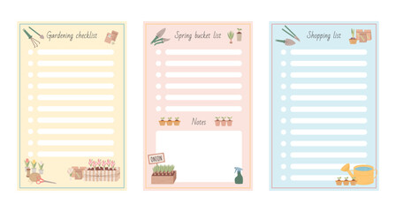 Set of 3 pastel gardening planner templates in modern flat vector style. Includes a gardening checklist, spring bucket list and shopping list decorated with garden tools, seed packets, potted plants © Liliia